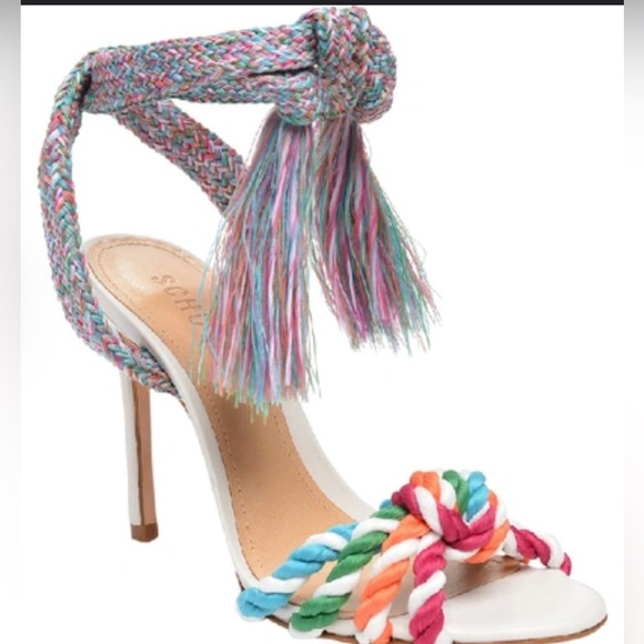 Schutz Women's Heels Sandals White Leather Multi Color Tie Detail Size 9.5 - Picture 1 of 7